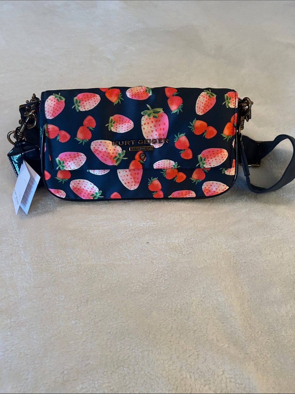 Kurt Geiger Black Crossbody Bag with Pink & Red Strawberry Print